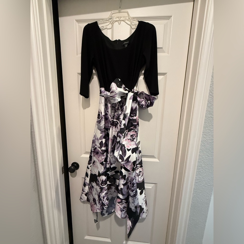 Never Worn R&M Richards Black and Purple Floral Long Sleeve Dress